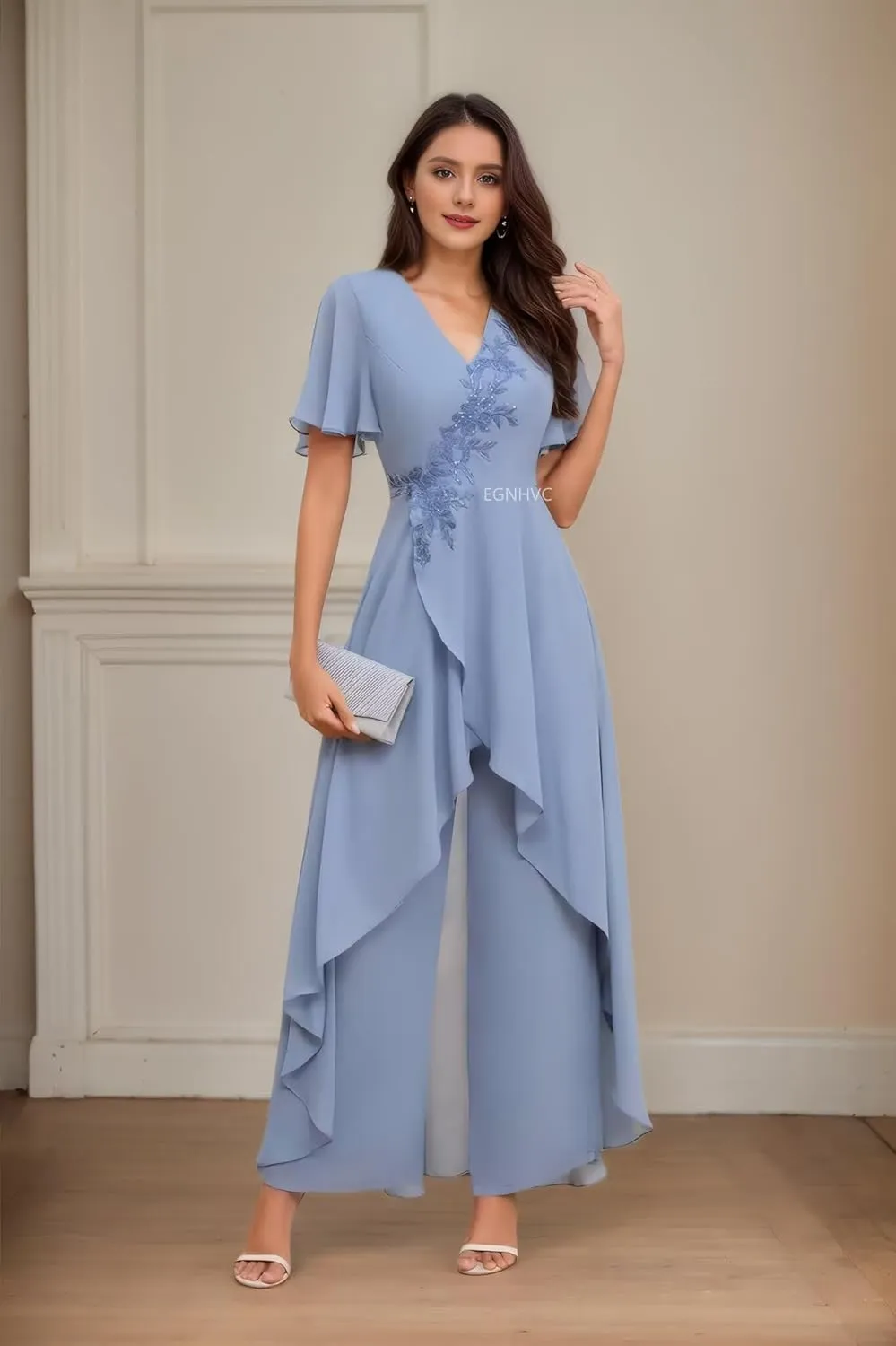 Mother of The Bride Pant Suits for Wedding V Neck Short Sleeve Chiffon Formal Outfit Womens Jumpsuit