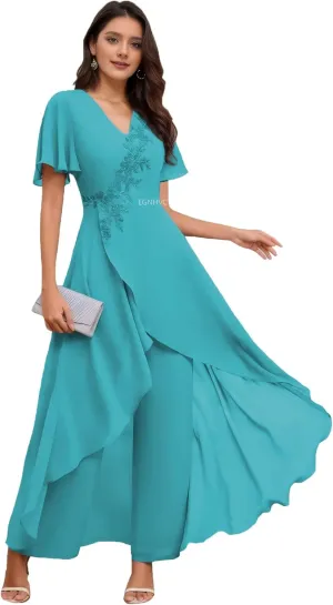 Mother of The Bride Pant Suits for Wedding V Neck Short Sleeve Chiffon Formal Outfit Womens Jumpsuit