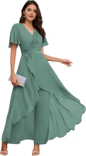 Mother of The Bride Pant Suits for Wedding V Neck Short Sleeve Chiffon Formal Outfit Womens Jumpsuit