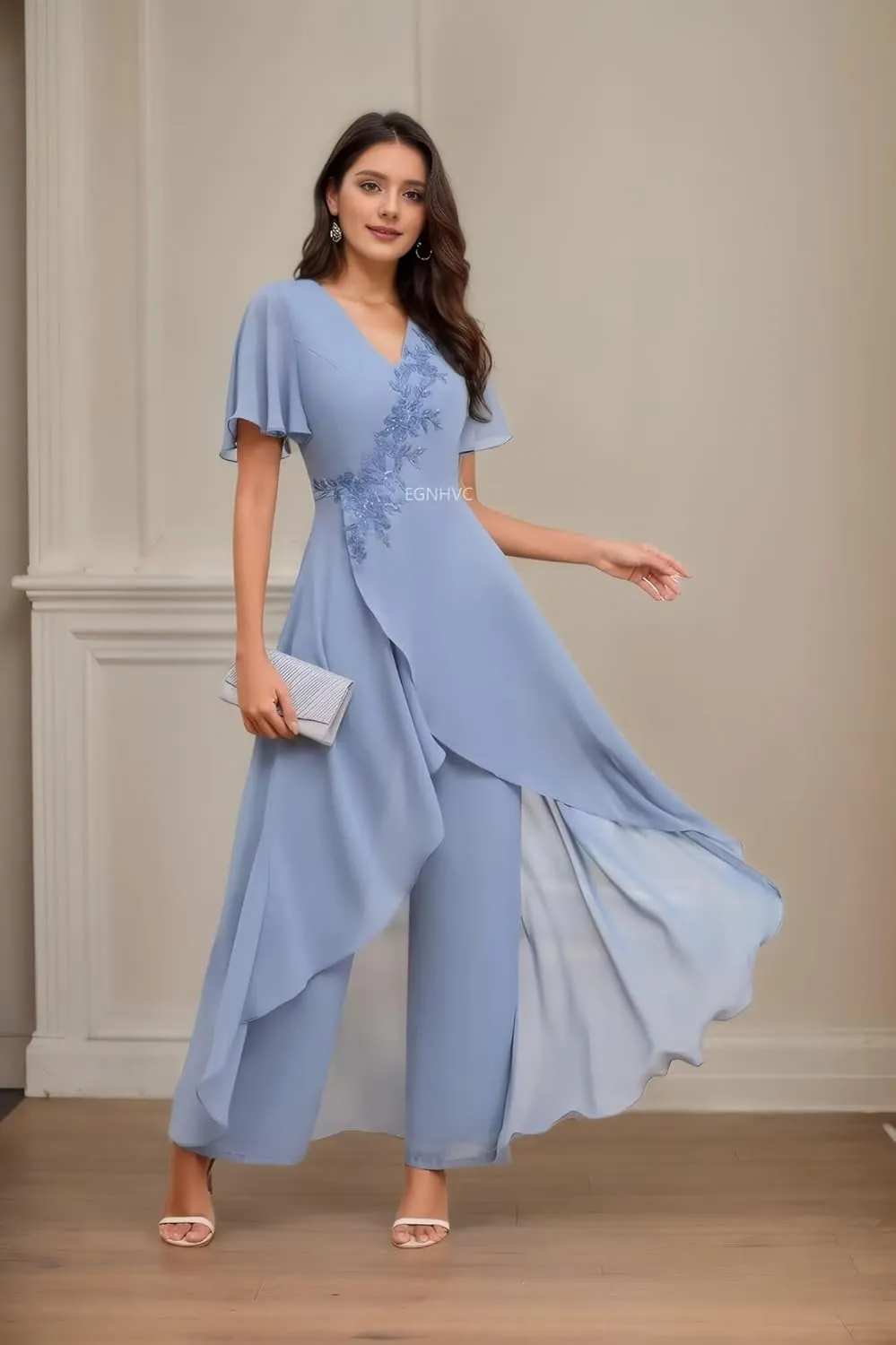 Mother of The Bride Pant Suits for Wedding V Neck Short Sleeve Chiffon Formal Outfit Womens Jumpsuit