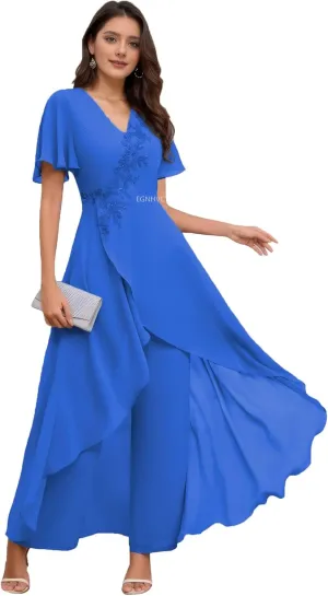 Mother of The Bride Pant Suits for Wedding V Neck Short Sleeve Chiffon Formal Outfit Womens Jumpsuit