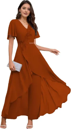 Mother of The Bride Pant Suits for Wedding V Neck Short Sleeve Chiffon Formal Outfit Womens Jumpsuit
