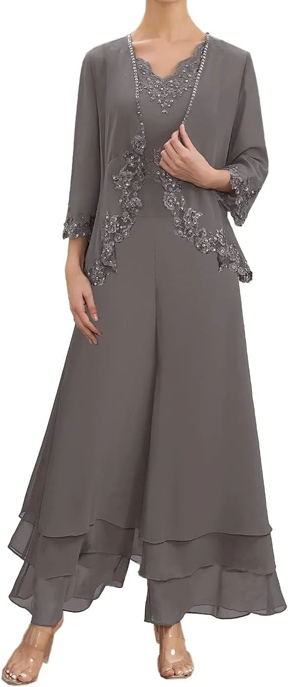 Mother of The Bride Pants Suits for Wedding Chiffon Formal Gown with Sleeves Lace Mother Groom Dress with Jacket YB16