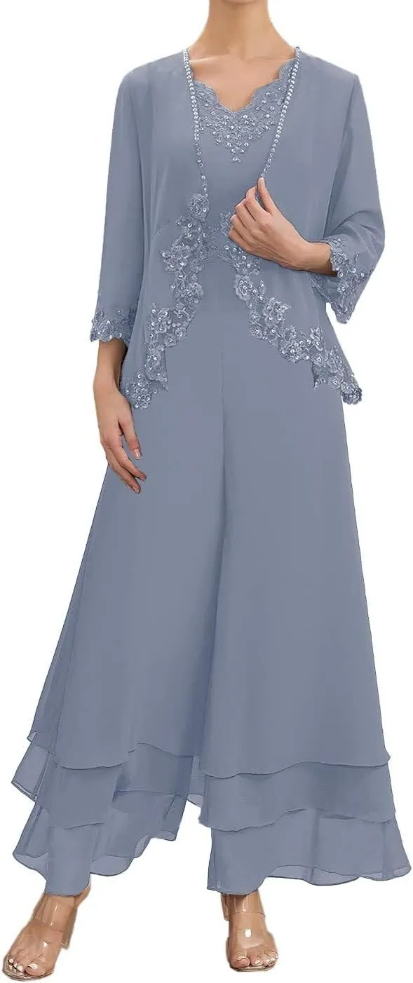 Mother of The Bride Pants Suits for Wedding Chiffon Formal Gown with Sleeves Lace Mother Groom Dress with Jacket YB16