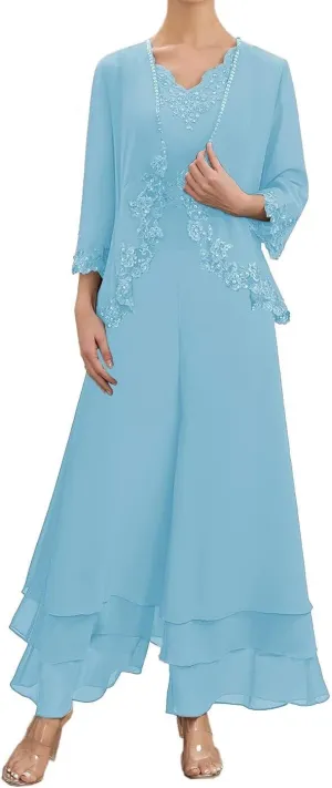 Mother of The Bride Pants Suits for Wedding Chiffon Formal Gown with Sleeves Lace Mother Groom Dress with Jacket YB16