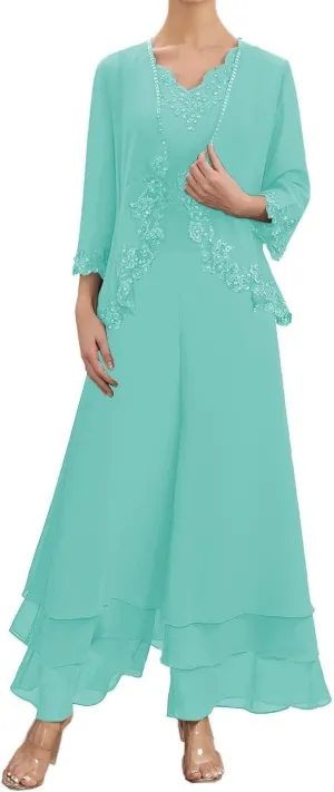 Mother of The Bride Pants Suits for Wedding Chiffon Formal Gown with Sleeves Lace Mother Groom Dress with Jacket YB16