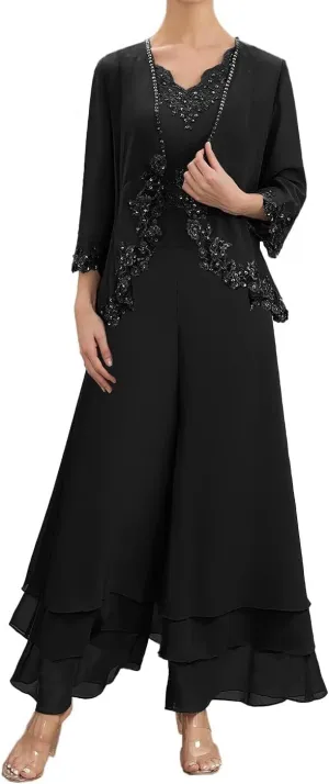 Mother of The Bride Pants Suits for Wedding Chiffon Formal Gown with Sleeves Lace Mother Groom Dress with Jacket YB16