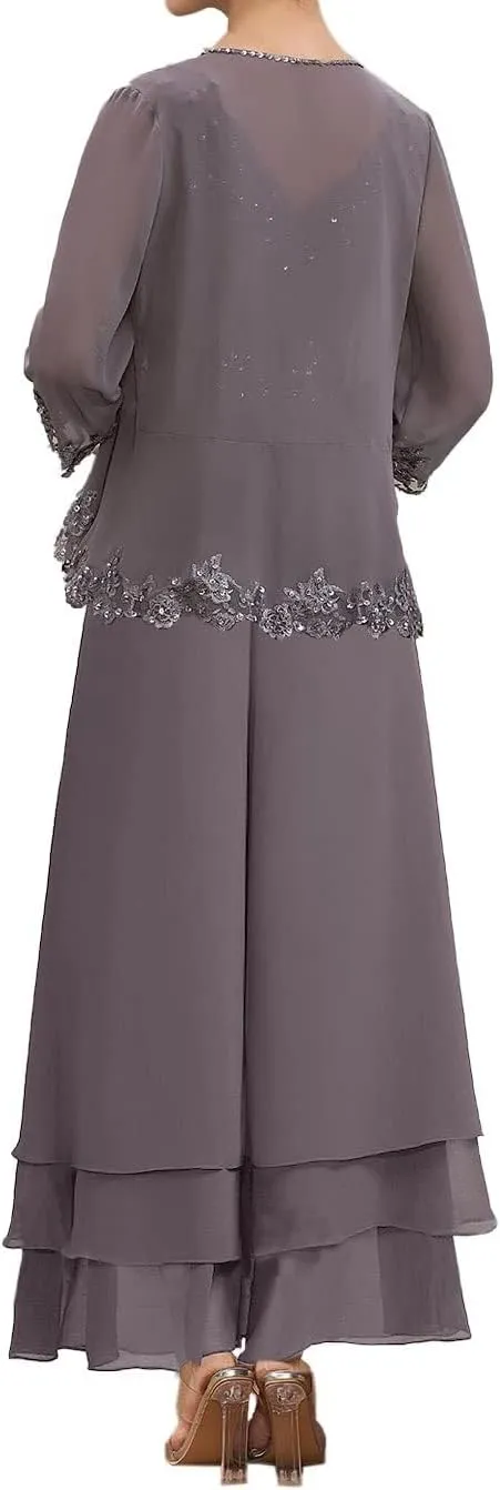 Mother of The Bride Pants Suits for Wedding Chiffon Formal Gown with Sleeves Lace Mother Groom Dress with Jacket YB16