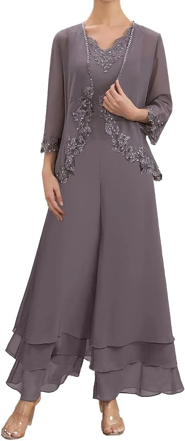 Mother of The Bride Pants Suits for Wedding Chiffon Formal Gown with Sleeves Lace Mother Groom Dress with Jacket YB16