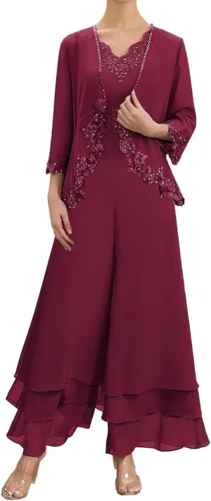 Mother of The Bride Pants Suits for Wedding Chiffon Formal Gown with Sleeves Lace Mother Groom Dress with Jacket YB16