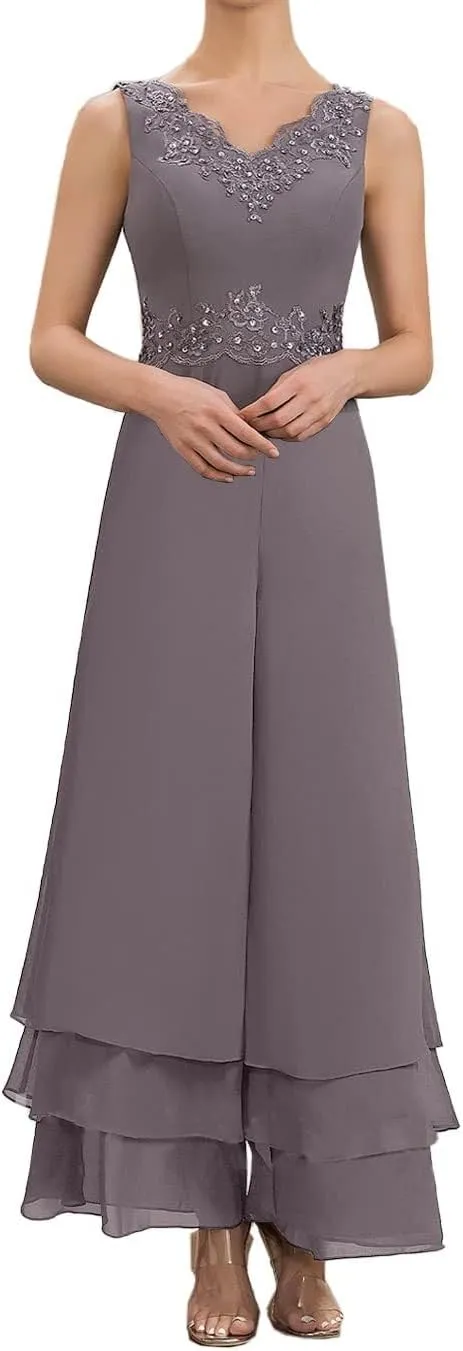 Mother of The Bride Pants Suits for Wedding Chiffon Formal Gown with Sleeves Lace Mother Groom Dress with Jacket YB16