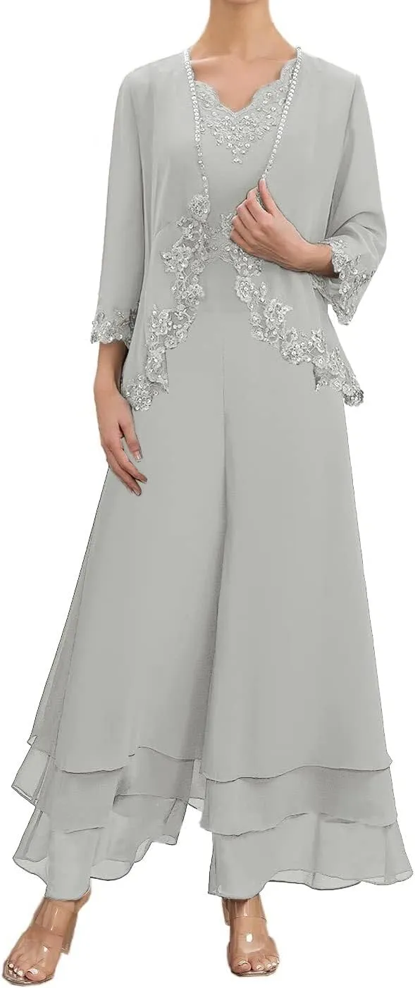 Mother of The Bride Pants Suits for Wedding Chiffon Formal Gown with Sleeves Lace Mother Groom Dress with Jacket YB16