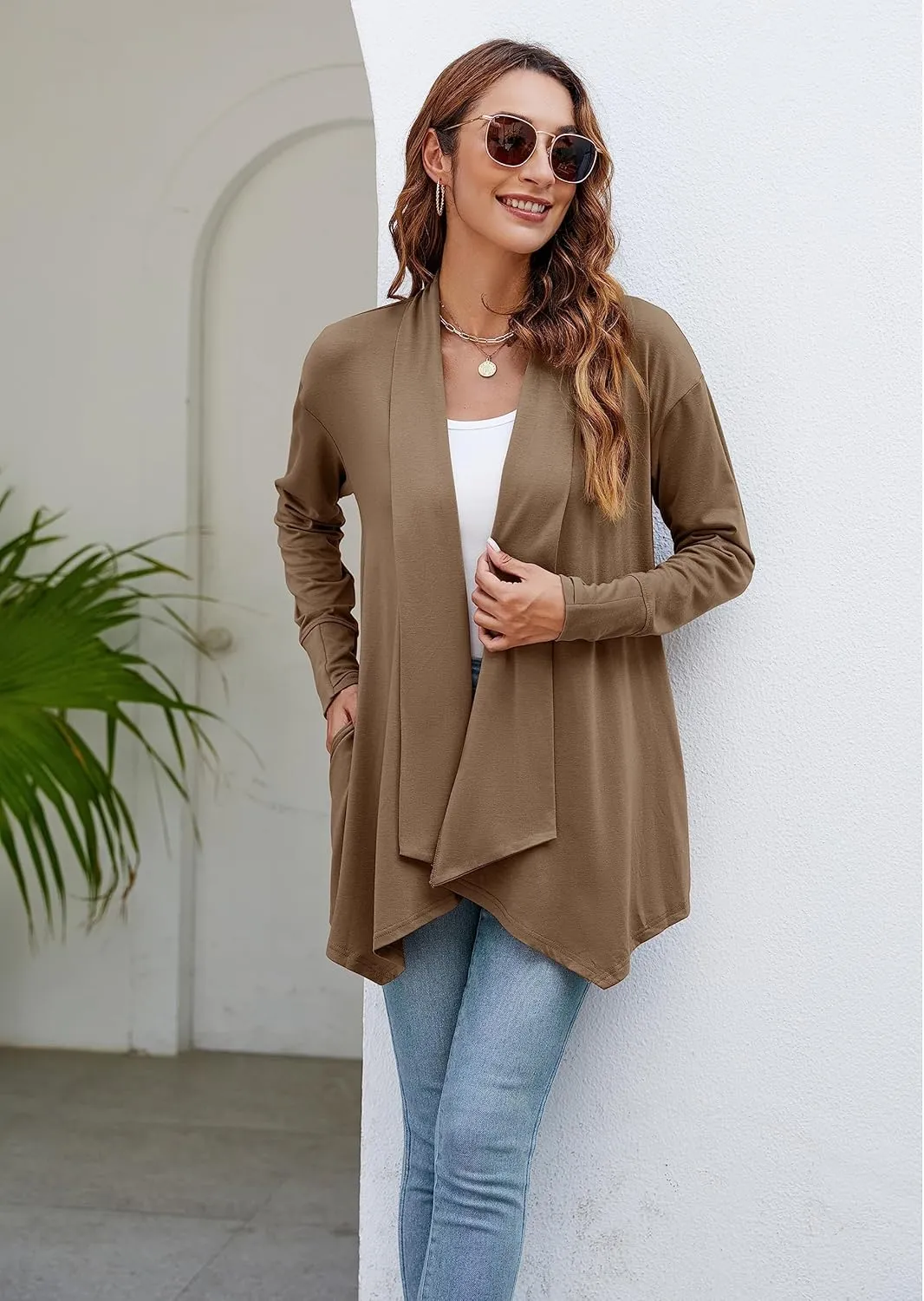 Naggoo Women's Draped Open Front Cardigans Casual Lightweight Long Sleeve Duster Cardigan