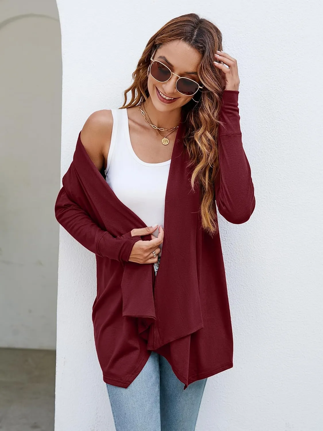 Naggoo Women's Draped Open Front Cardigans Casual Lightweight Long Sleeve Duster Cardigan