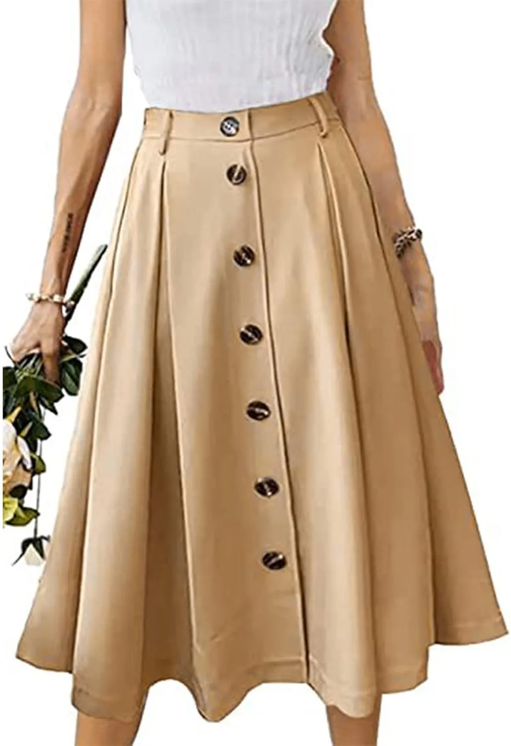 NATHGAM Womens Midi Skirts Casual Elastic High Waist Front Button Pleated Skirts Knee Length A-Line Ruffle Skirt with Pockets