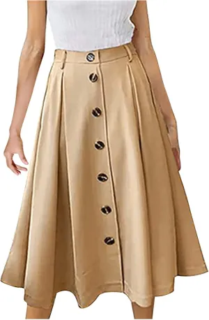 NATHGAM Womens Midi Skirts Casual Elastic High Waist Front Button Pleated Skirts Knee Length A-Line Ruffle Skirt with Pockets