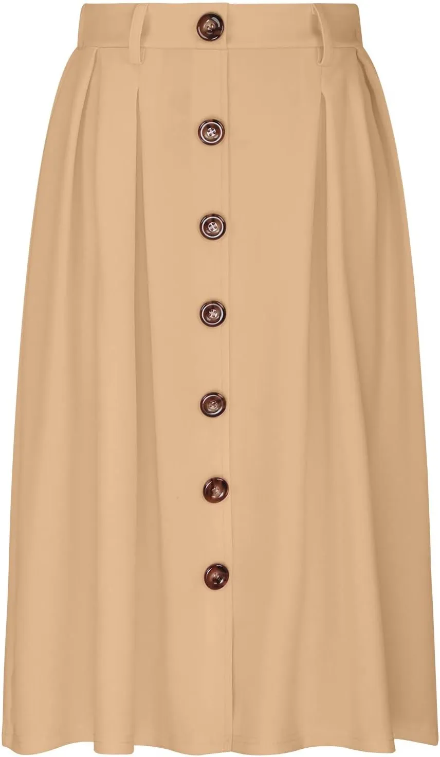 NATHGAM Womens Midi Skirts Casual Elastic High Waist Front Button Pleated Skirts Knee Length A-Line Ruffle Skirt with Pockets
