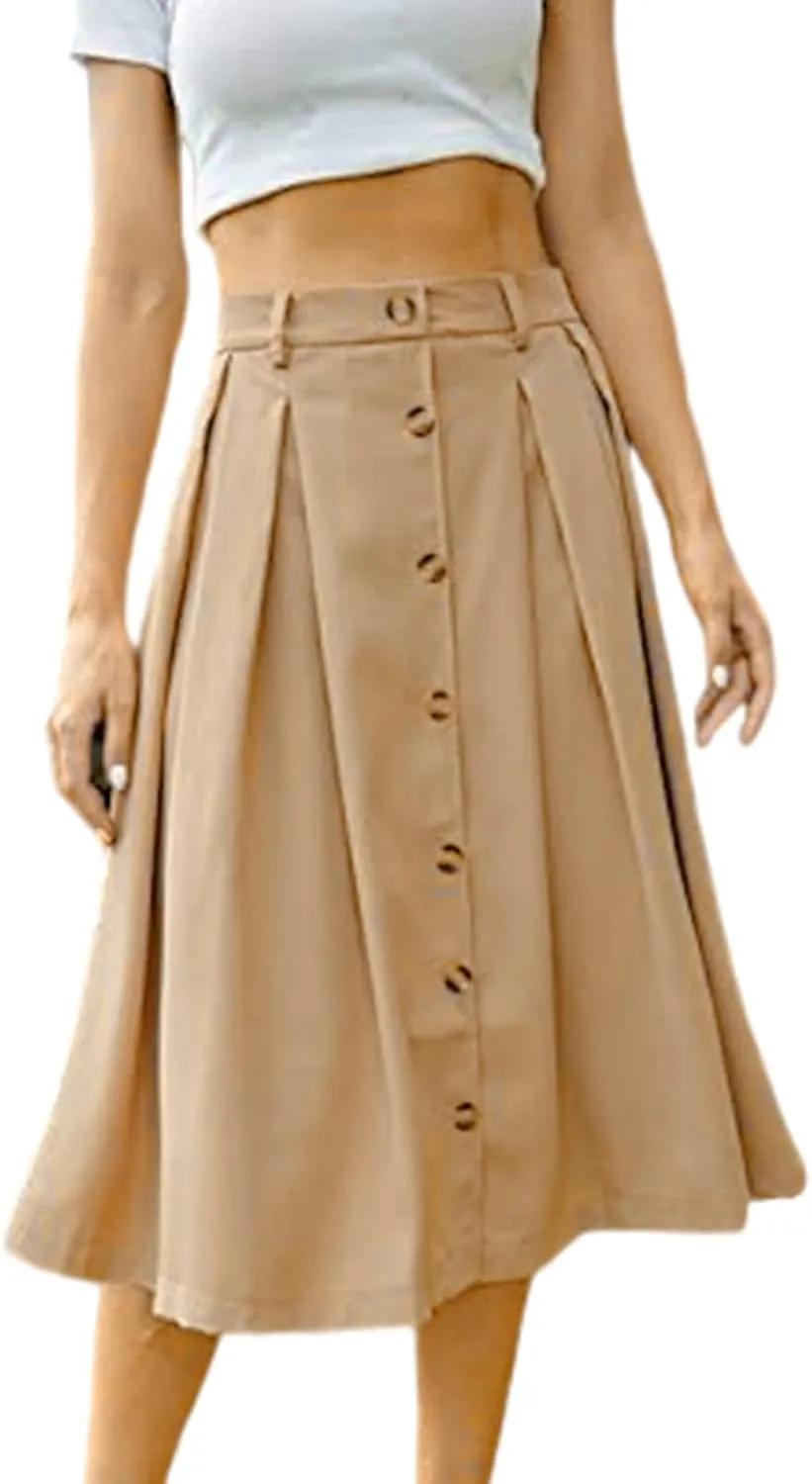 NATHGAM Womens Midi Skirts Casual Elastic High Waist Front Button Pleated Skirts Knee Length A-Line Ruffle Skirt with Pockets