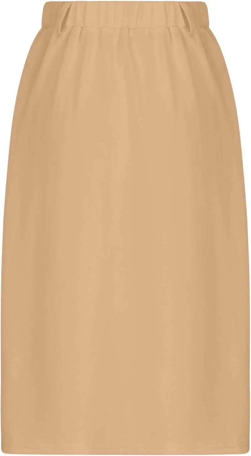 NATHGAM Womens Midi Skirts Casual Elastic High Waist Front Button Pleated Skirts Knee Length A-Line Ruffle Skirt with Pockets