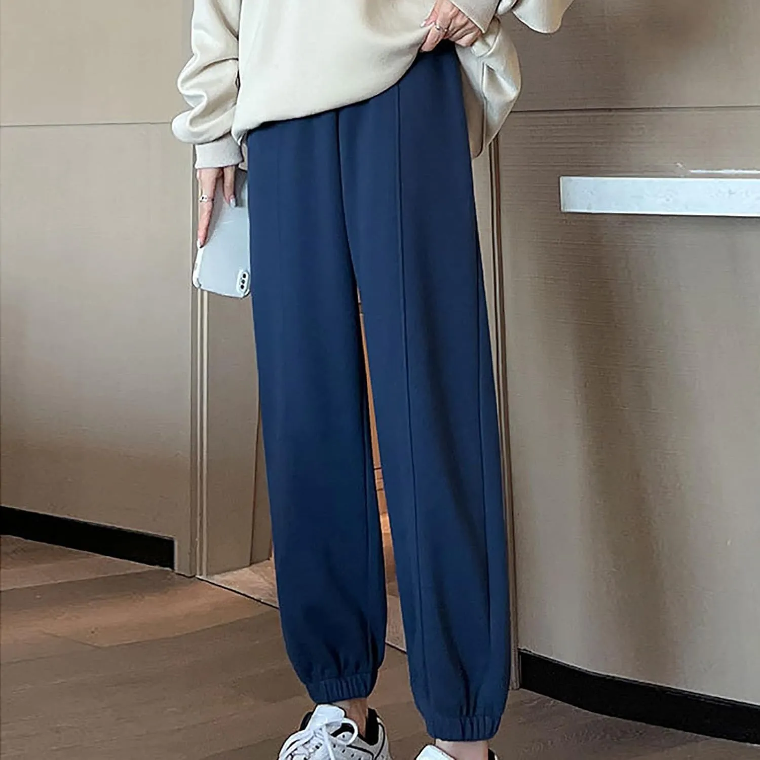 NATHGAM Women's Sweatpants Winter Warm Fleece Lined High Waist Wide Leg Pants Lightweight Comfy Fashion Y2K Street Trousers