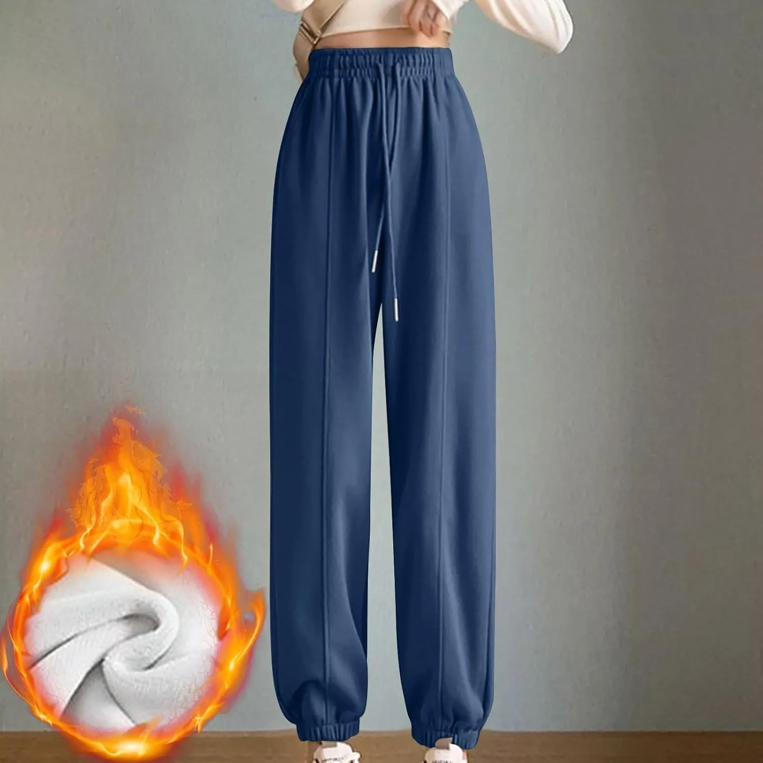 NATHGAM Women's Sweatpants Winter Warm Fleece Lined High Waist Wide Leg Pants Lightweight Comfy Fashion Y2K Street Trousers