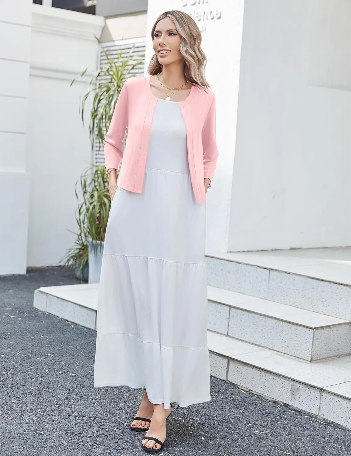 Newchoice Women's Open Front Cropped Cardigan Sweaters Bolero Shrugs for Dresses 3/4 Sleeve Casual Lightweight Cardigans