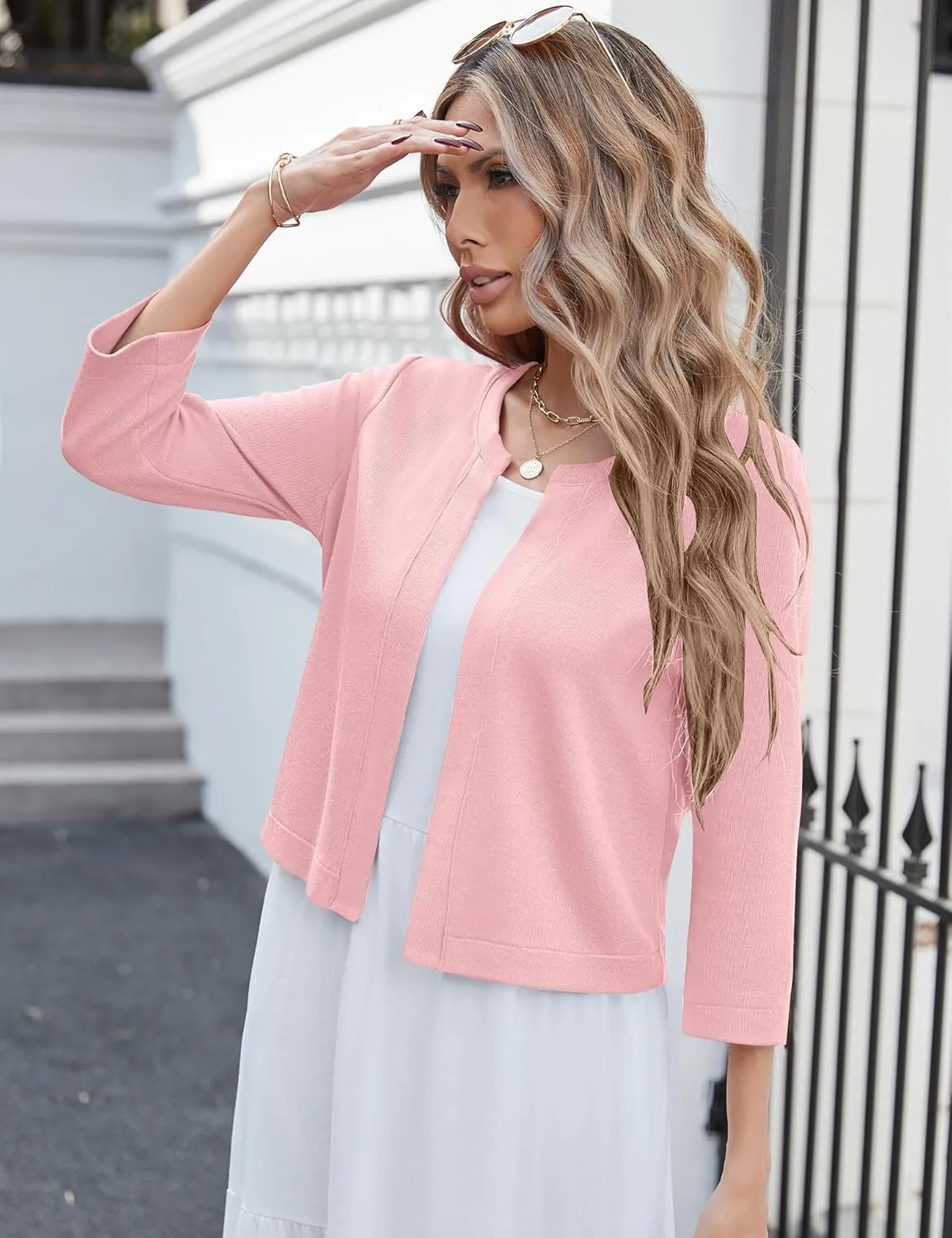 Newchoice Women's Open Front Cropped Cardigan Sweaters Bolero Shrugs for Dresses 3/4 Sleeve Casual Lightweight Cardigans