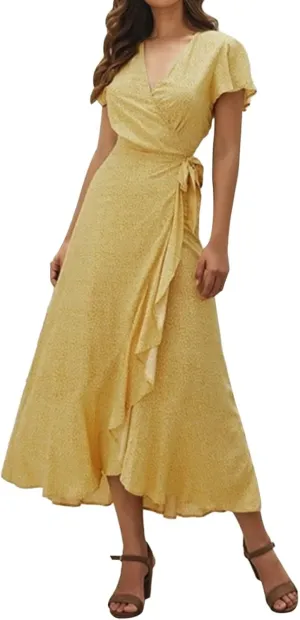 Ollysqiar Dresses Women's 2023 Floral Summer Dress Wrap V Neck Short Sleeve Belted Ruffle Hem A-Line Bohemian Dresses A02 91