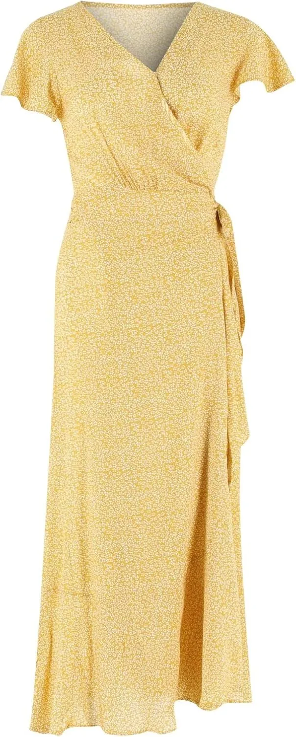 Ollysqiar Dresses Women's 2023 Floral Summer Dress Wrap V Neck Short Sleeve Belted Ruffle Hem A-Line Bohemian Dresses A02 91