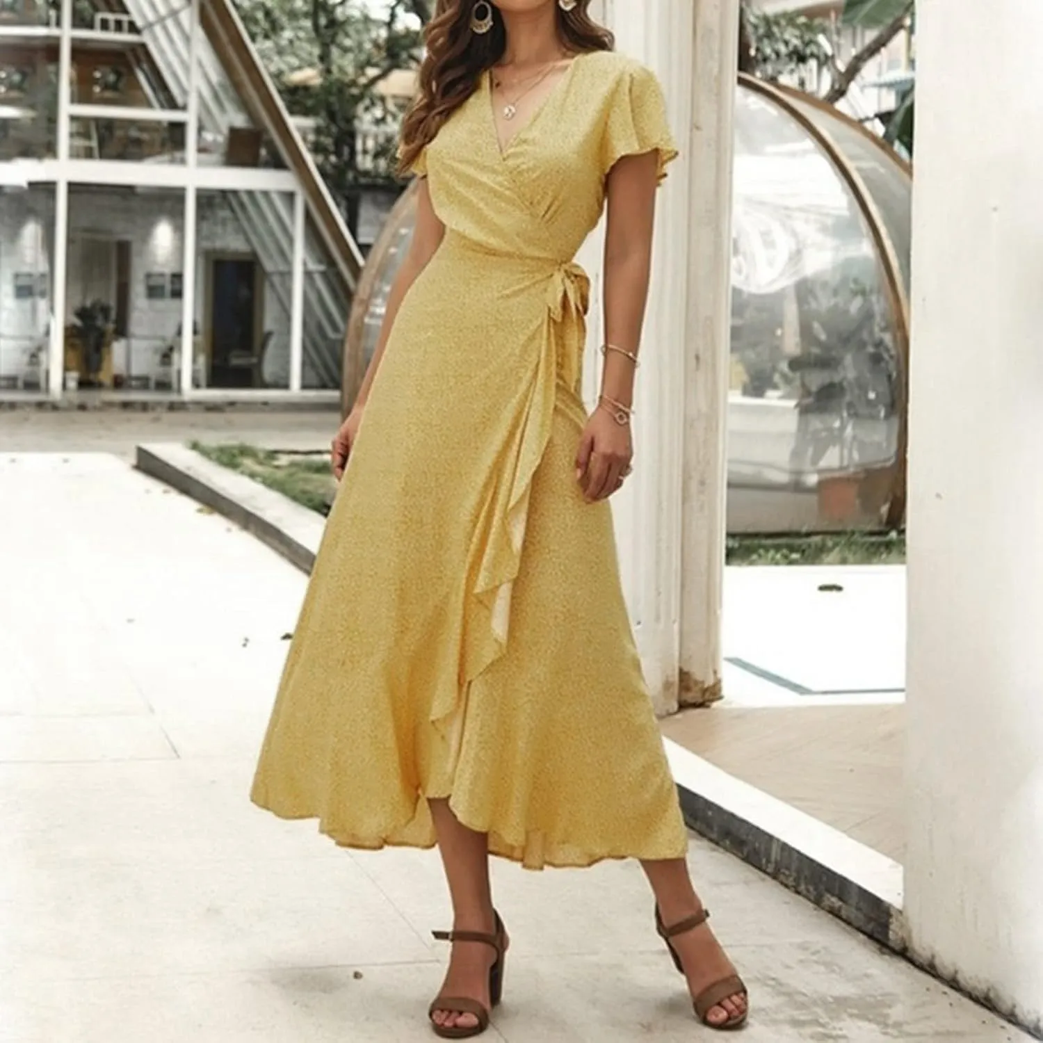 Ollysqiar Dresses Women's 2023 Floral Summer Dress Wrap V Neck Short Sleeve Belted Ruffle Hem A-Line Bohemian Dresses A02 91