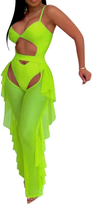 OLUOLIN Women Beading Pearl See Through Sheer Mesh 2 Pieces Outfits Jumpsuits Crop Top and Hollow Out Ruffle Long Pants