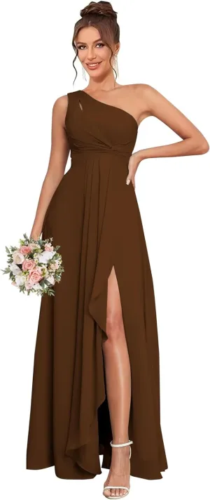 One Shoulder Bridesmaid Dresses for Women with Slit Pleated Chiffon Ruffle Formal Evening Gown Long