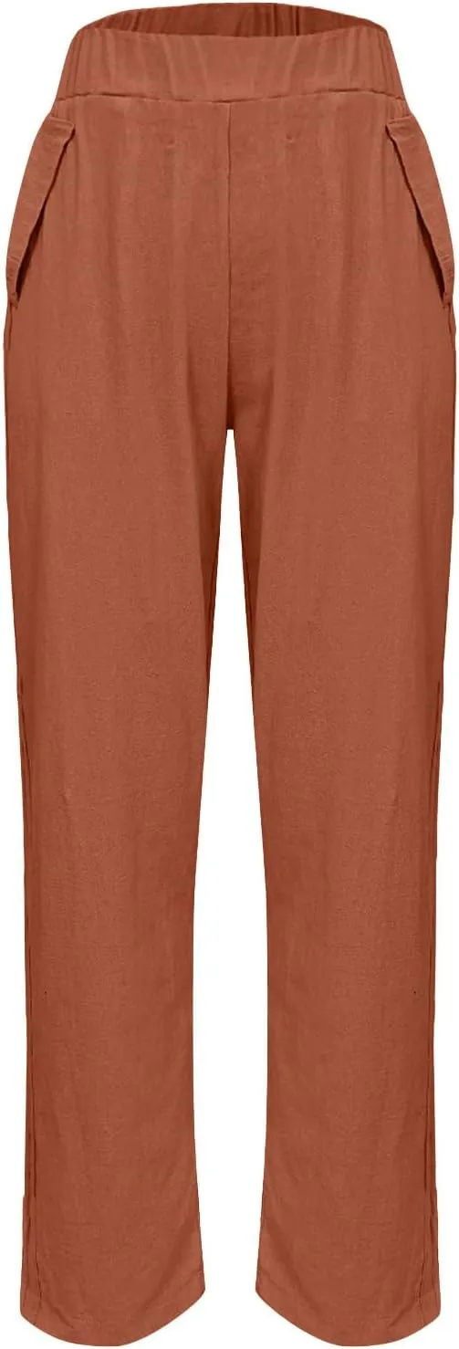 Oplxuo Cotton Linen Pants for Women Summer High Elastic Waist Straight Wide Leg Boho Beach Trousers with Pockets