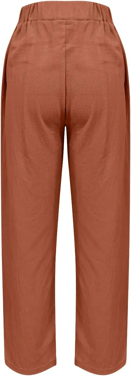 Oplxuo Cotton Linen Pants for Women Summer High Elastic Waist Straight Wide Leg Boho Beach Trousers with Pockets