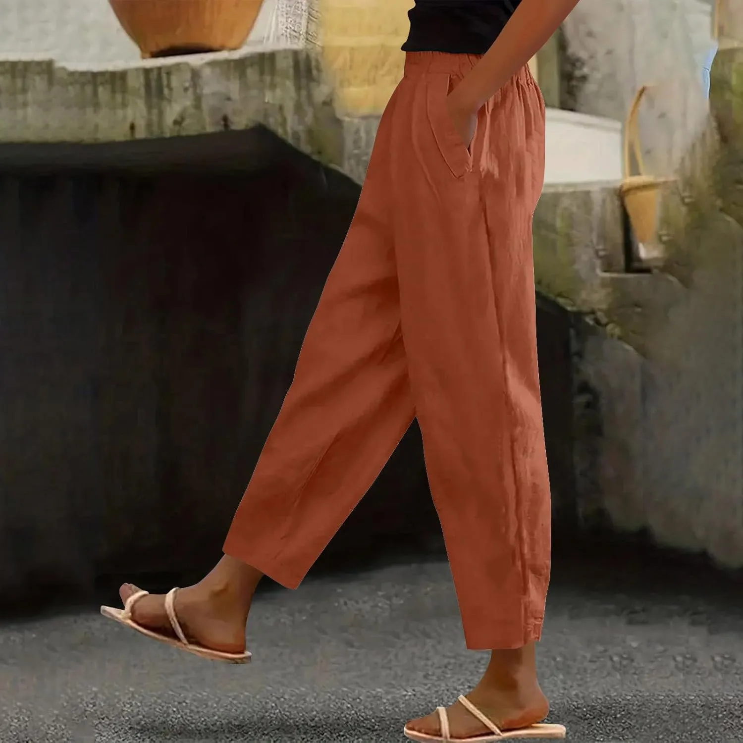 Oplxuo Cotton Linen Pants for Women Summer High Elastic Waist Straight Wide Leg Boho Beach Trousers with Pockets
