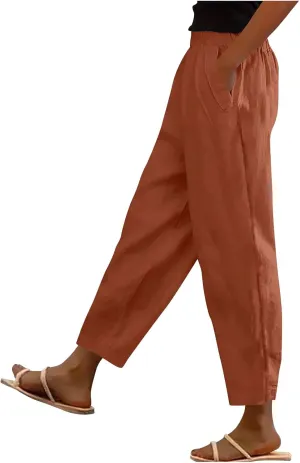 Oplxuo Cotton Linen Pants for Women Summer High Elastic Waist Straight Wide Leg Boho Beach Trousers with Pockets