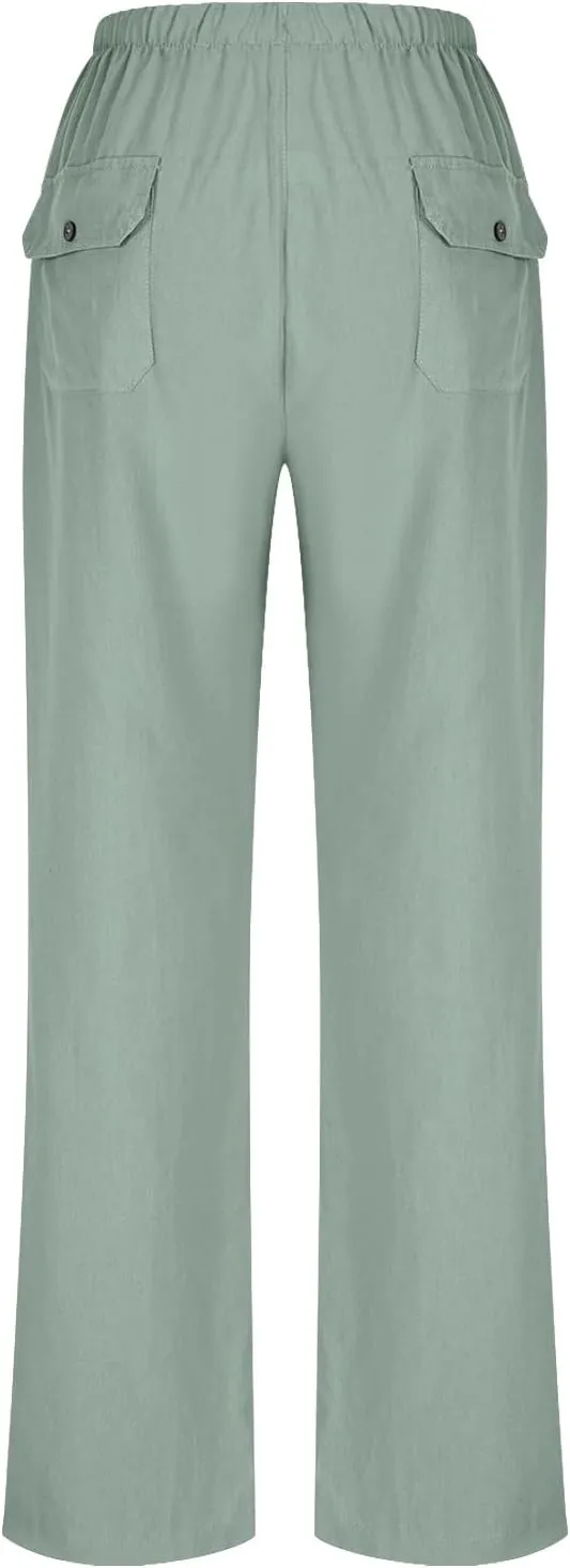 Oplxuo Wide Leg Linen Pants for Women Summer Flowy Palazzo Pants Casual Loose Drawstring High Waist Trousers with Pockets