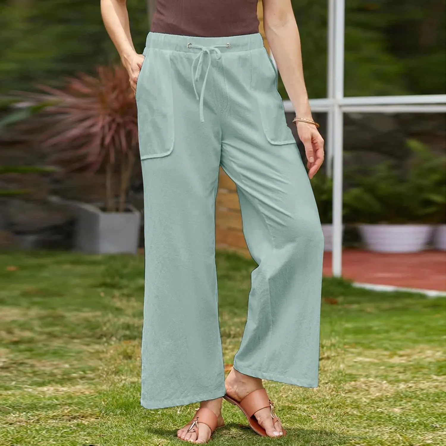 Oplxuo Wide Leg Linen Pants for Women Summer Flowy Palazzo Pants Casual Loose Drawstring High Waist Trousers with Pockets