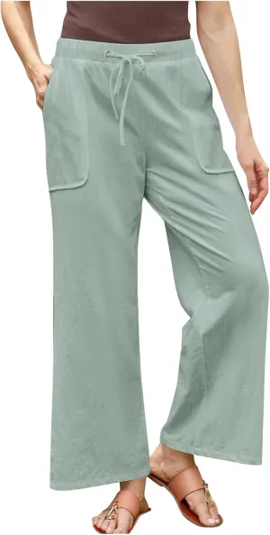 Oplxuo Wide Leg Linen Pants for Women Summer Flowy Palazzo Pants Casual Loose Drawstring High Waist Trousers with Pockets