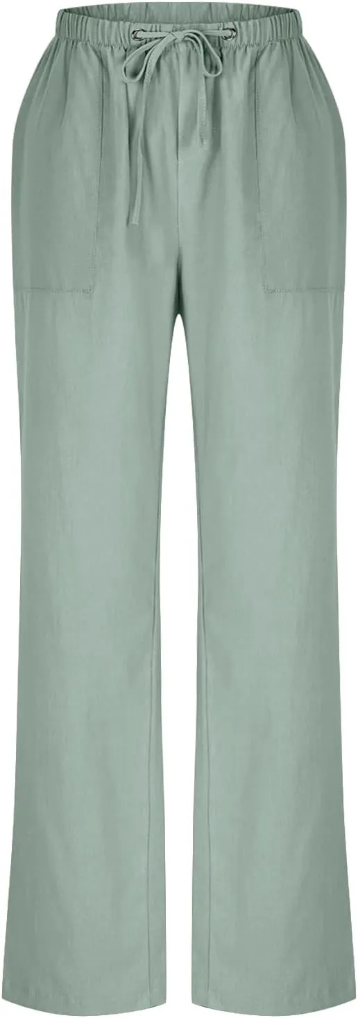 Oplxuo Wide Leg Linen Pants for Women Summer Flowy Palazzo Pants Casual Loose Drawstring High Waist Trousers with Pockets