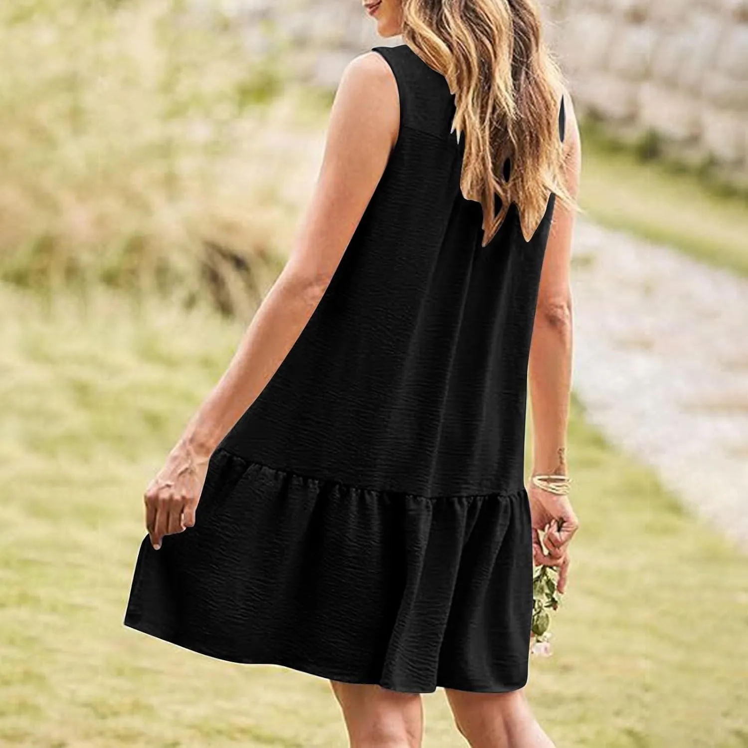 Oplxuo Women's Summer Mini Dress Sleeveless Lapel V-Neck Button Short Tank Sundress Flowy Ruffle Tiered Beach Vacation Dress