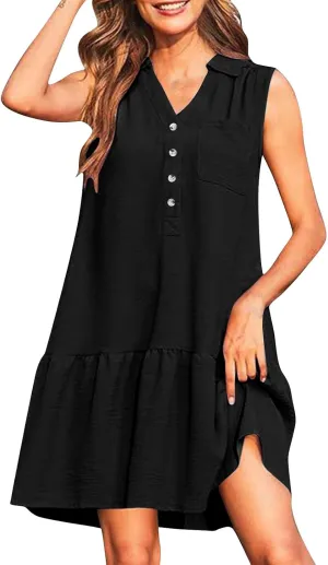 Oplxuo Women's Summer Mini Dress Sleeveless Lapel V-Neck Button Short Tank Sundress Flowy Ruffle Tiered Beach Vacation Dress
