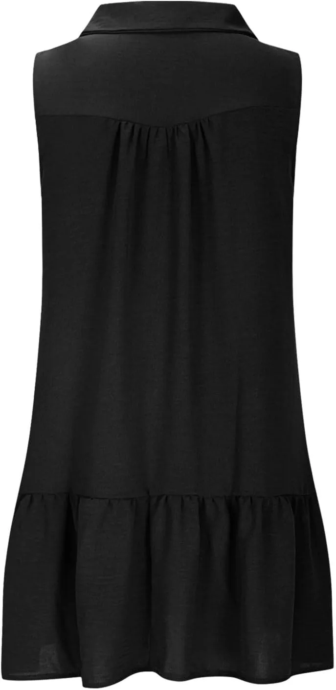 Oplxuo Women's Summer Mini Dress Sleeveless Lapel V-Neck Button Short Tank Sundress Flowy Ruffle Tiered Beach Vacation Dress