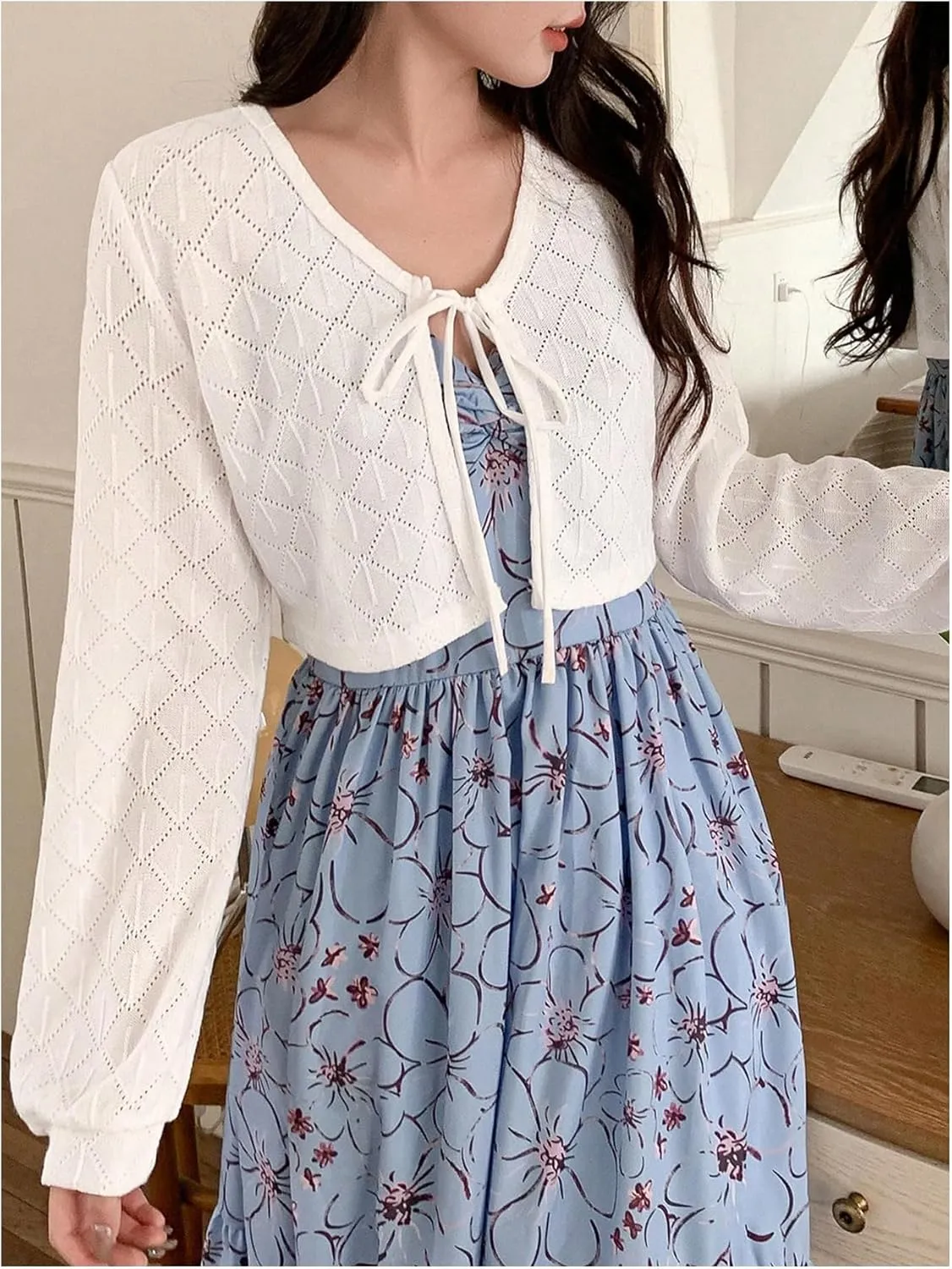 OYOANGLE Women's Textured Bishop Long Sleeve Bow Tie Front Cropped Cardigans Cover Up