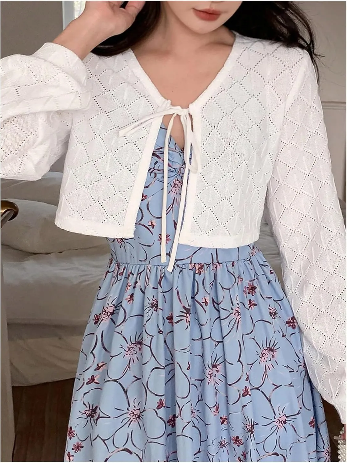OYOANGLE Women's Textured Bishop Long Sleeve Bow Tie Front Cropped Cardigans Cover Up