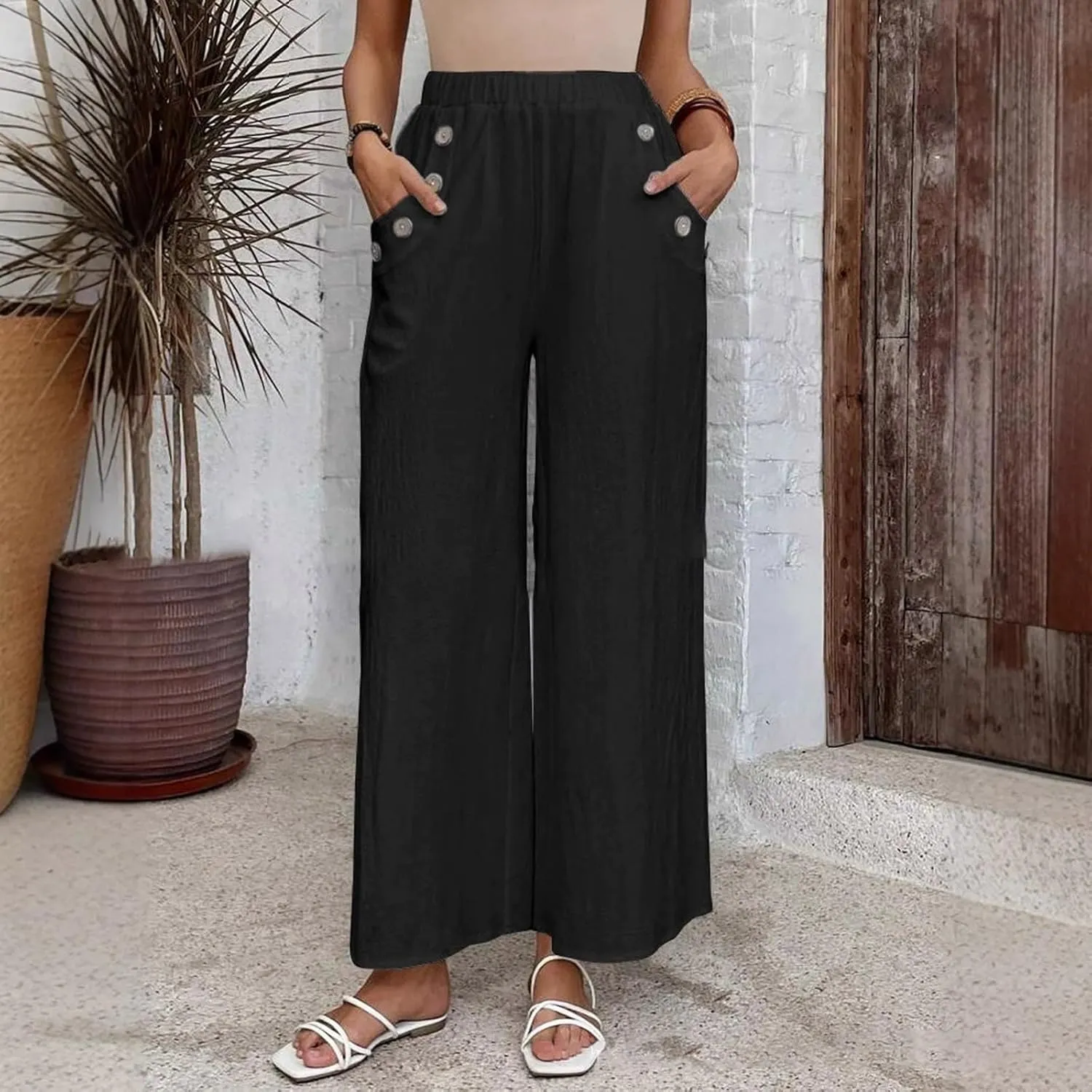 Palazzo Pants for Women Casual High Waist Wide Leg Trousers Baggy Breathable Summer Going Out Hiking Pant with Pocket