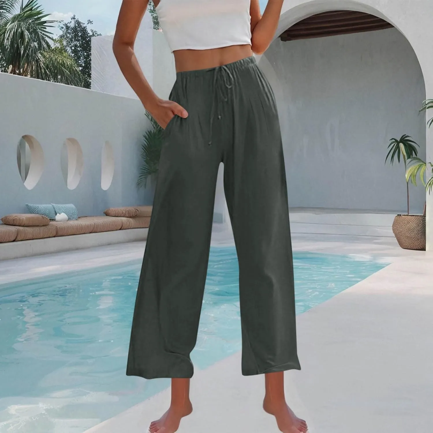 Palazzo Pants for Women Plus Size Wed Leg Palazzo Pants Summer Casual Cotton Linen Lounge Trouser Boho Beach Outfits