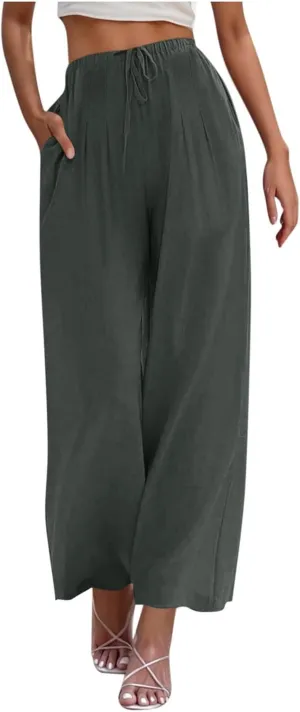 Palazzo Pants for Women Plus Size Wed Leg Palazzo Pants Summer Casual Cotton Linen Lounge Trouser Boho Beach Outfits
