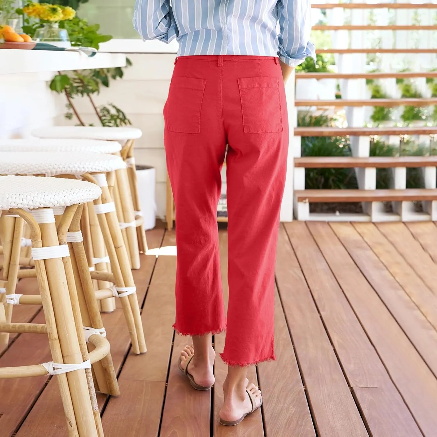 Pants for Women, Casual Pants Peasant Plus Size Straight Leg Linen Plaid
