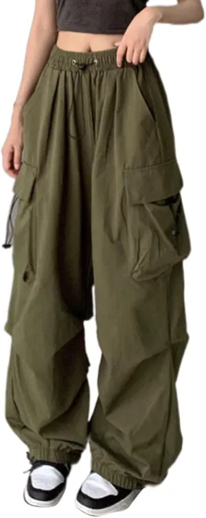 Parachute Pants for Women,Baggy Fit Cargo Pants with Pockets, 3X-Large, Green